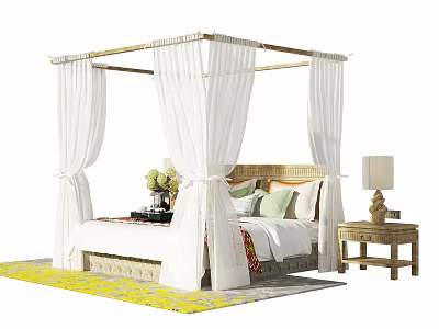 Four Poster Double Bed With White Canopy Rattan Headboard Wooden Nightstand Lamp On Yellow Rug 3d model