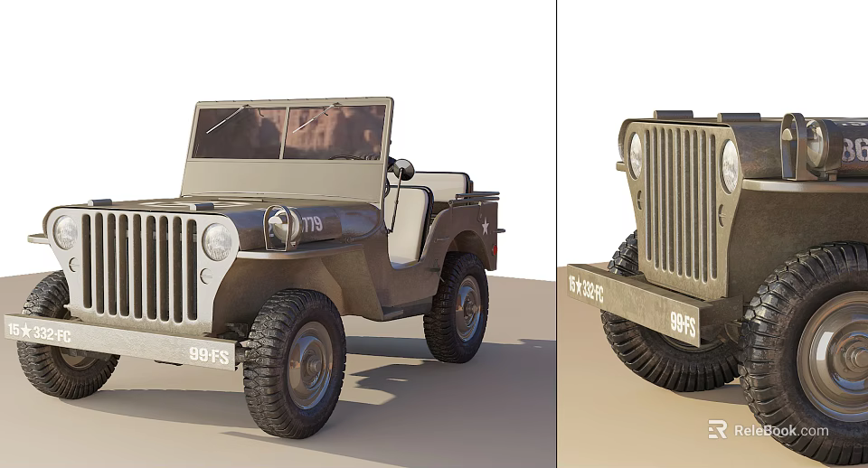 Vintage Military Jeep With Open Top Green Exterior Front Grille And Large Tires 3d model 