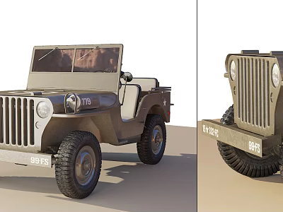 Vintage Military Jeep With Open Top Green Exterior Front Grille And Large Tires 3d model