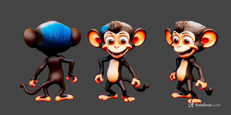 Playful Cartoon Monkey Dolls in Three Angles with Blue Hair and Orange Ears 3d model 
