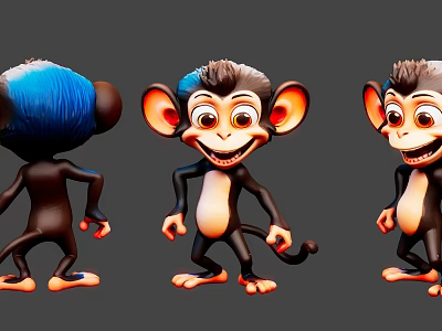 Playful Cartoon Monkey Dolls in Three Angles with Blue Hair and Orange Ears 3d model