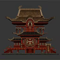 Cartoon scene of Chinese traditional multilayered red building with golden roof decorative stairs and ornaments
