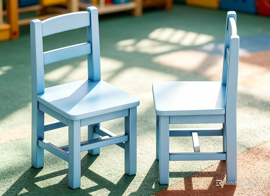 Two Blue Wooden Kids Chairs In Bright Playground With Green Floor 3d model 