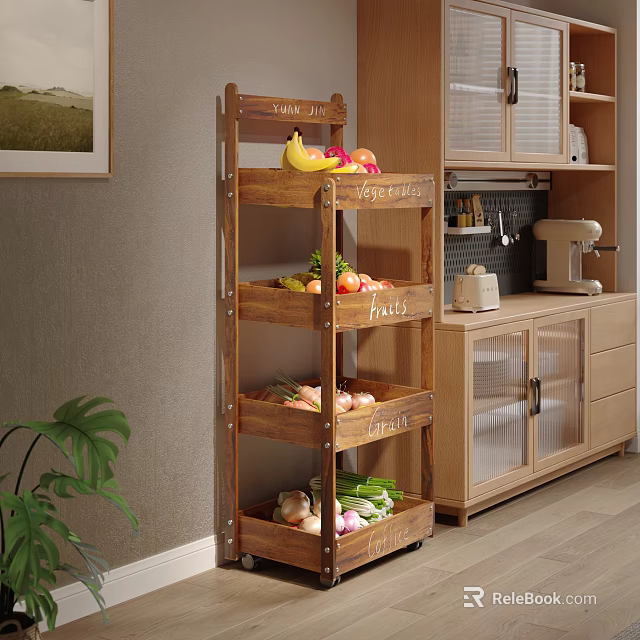 Wooden Kitchen Storage Shelf Organizing Fruits Vegetables With Cabinets Blender And Plant Decor 3d model 
