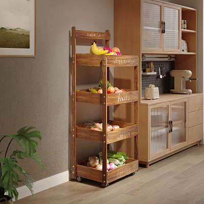 Wooden Kitchen Storage Shelf Organizing Fruits Vegetables With Cabinets Blender And Plant Decor 3d model