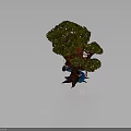 Wooden Tree House Building On Tall Tree With Green Leaves Pink Flowers And Slide