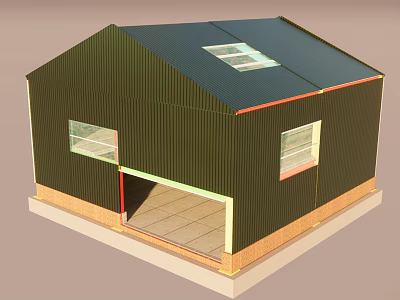 Green Corrugated Metal Building With Dark Roof Skylight Garage Door Windows And Light Base 3d model
