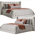 Modern Upholstered Headboard Double Bed With Multiple Pillows And Warm Tones Bed Linens 3d model