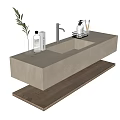 Modern Washbasin with Concrete Countertop Wooden Base Faucet Storage Rack Toiletries and Green Plant
