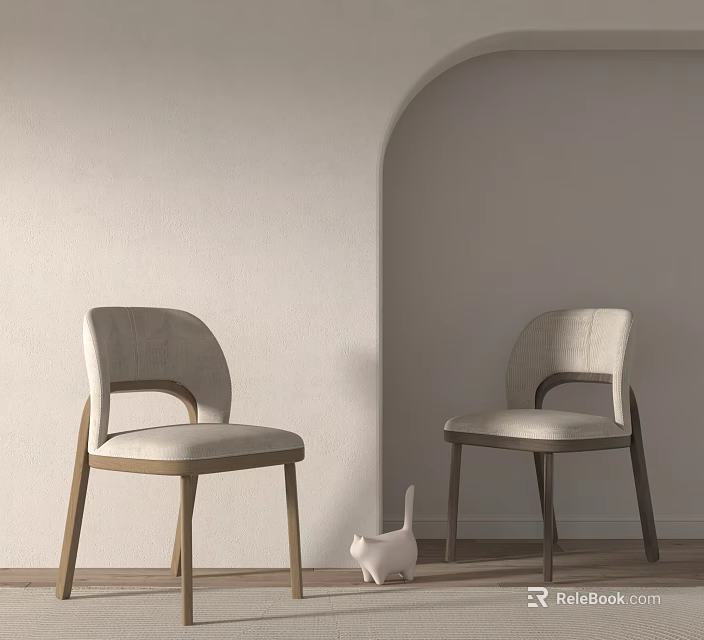 Modern Light Beige Dining Chairs With Wooden Legs And Fabric Seats In Minimalist Arched Room 3d model 