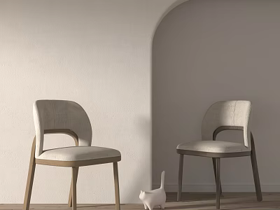 Modern Light Beige Dining Chairs With Wooden Legs And Fabric Seats In Minimalist Arched Room 3d model