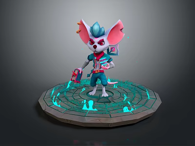 Cute Game and Movie Character With Pink Ears Blue Outfit Holding Device Glowing Circular Base 3d model