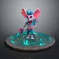 Cute Game and Movie Character With Pink Ears Blue Outfit Holding Device Glowing Circular Base