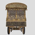Vintage Wooden Carriage Featuring Decorative Roof Beams Spoked Wheels And Ornate Panels