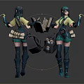 Green Haired Female Character With Yellow Top Green Shorts Backpack Scrolls And Hook Tool