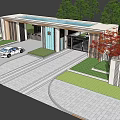 Modern Entrance Gate Design With Wooden Structure Glass Door Car Green Trees And Lawn