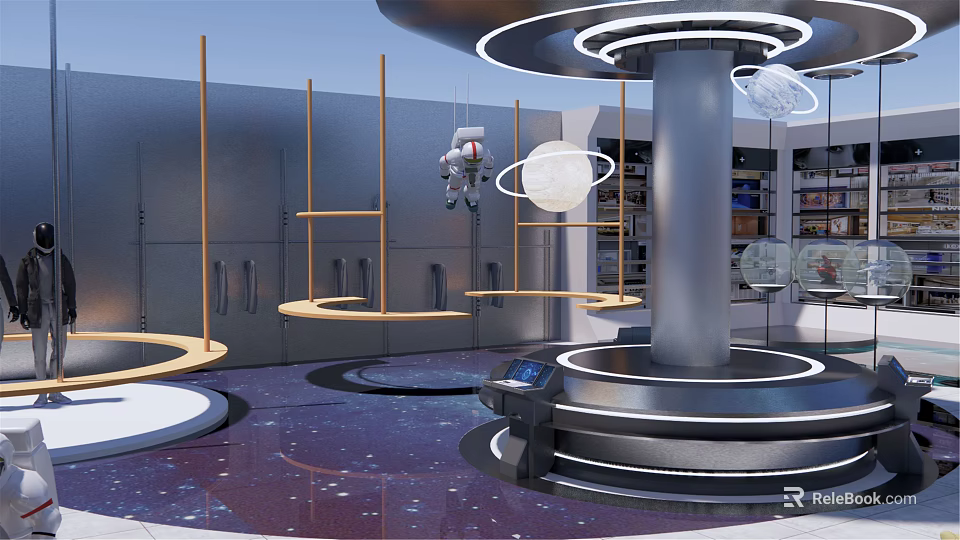 Futuristic Mall Store Interior With Metal Rings Planet Models And Modern Lighting Design 3d model 