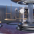 Futuristic Mall Store Interior With Metal Rings Planet Models And Modern Lighting Design