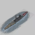 Warship sailing on the blue sea with smokestacks emitting smoke and red white striped deck