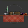 Food Spread with Bread Cheese Grapes Tomatoes Green Bottle and Cup on Red Checkered Tablecloth