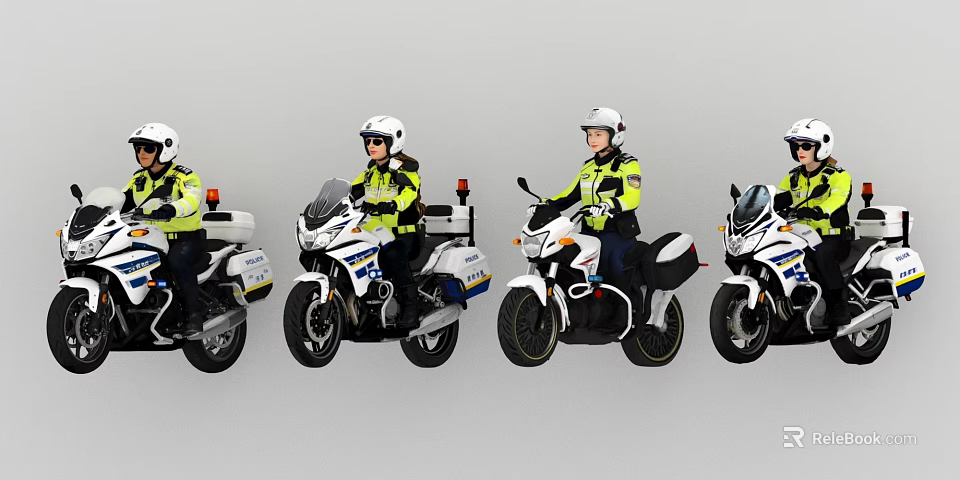 Group of Police Officers Riding White Motorcycles With Yellow Vests And Helmets 3d model 