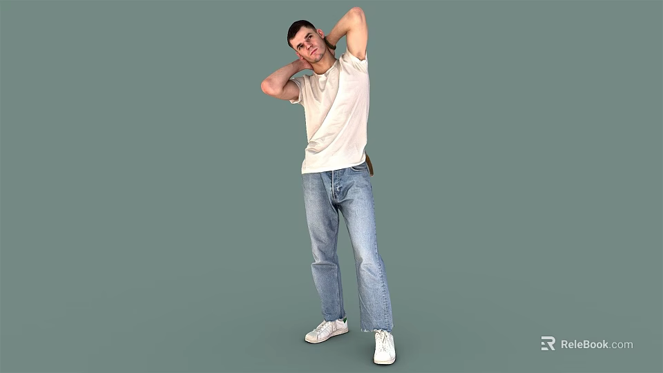 Man In White T-Shirt Blue Jeans White Shoes With Hands Behind Head Against Green Background 3d model 