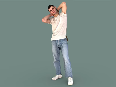 Man In White T-Shirt Blue Jeans White Shoes With Hands Behind Head Against Green Background 3d model