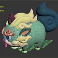 Cute Creature Character With Green Body Yellow Mane Purple Horn Blue Tail Sticking Tongue