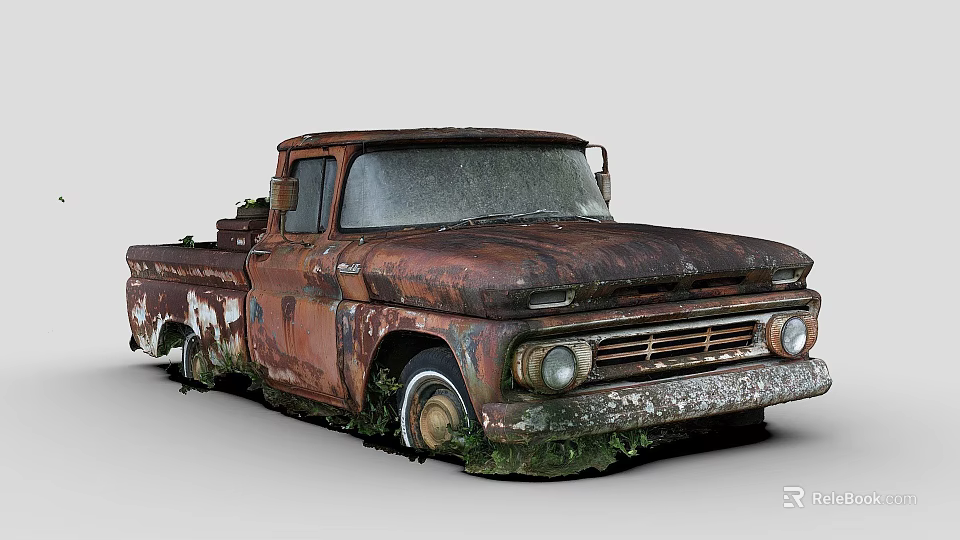 Old Rusty Truck With Weathered Exterior Overgrown With Grass And Weeds 3d model 