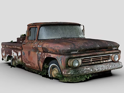 Old Rusty Truck With Weathered Exterior Overgrown With Grass And Weeds 3d model