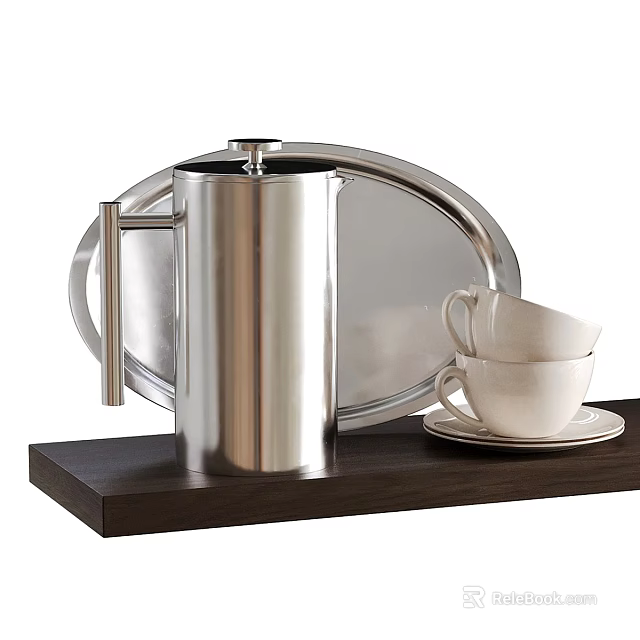 Tea Set with Stainless Steel Kettle Metal Tray and White Teacups on Wooden Shelf 3d model 