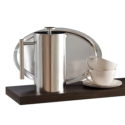 Tea Set with Stainless Steel Kettle Metal Tray and White Teacups on Wooden Shelf 3d model