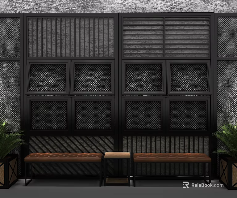 Modern Chinese Room Divider With Black Lattice Design Wooden Bench And Green Plants 3d model 
