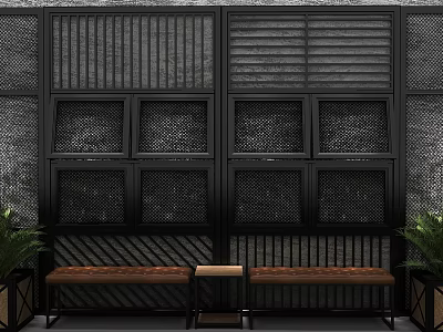 Modern Chinese Room Divider With Black Lattice Design Wooden Bench And Green Plants 3d model