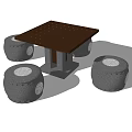 Black Square Tea Table with Gray Cylindrical Cushion Chairs and White Circular Patterns 3d model