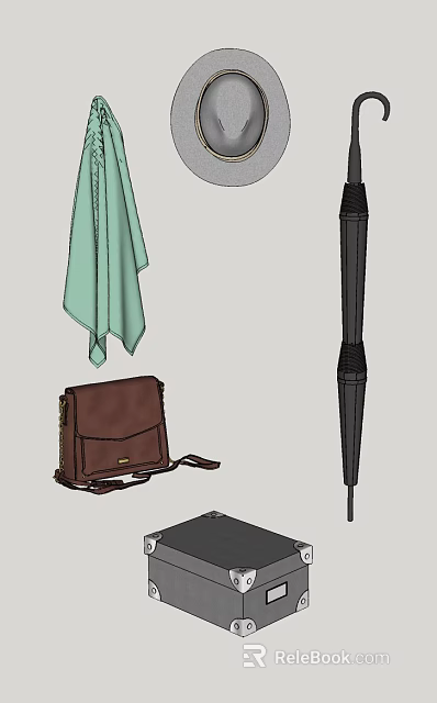 Practical Daily Life Essentials Featuring Green Towel Brown Handbag And Black Umbrella 3d model 