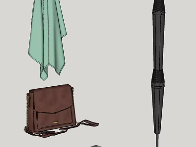 Practical Daily Life Essentials Featuring Green Towel Brown Handbag And Black Umbrella 3d model