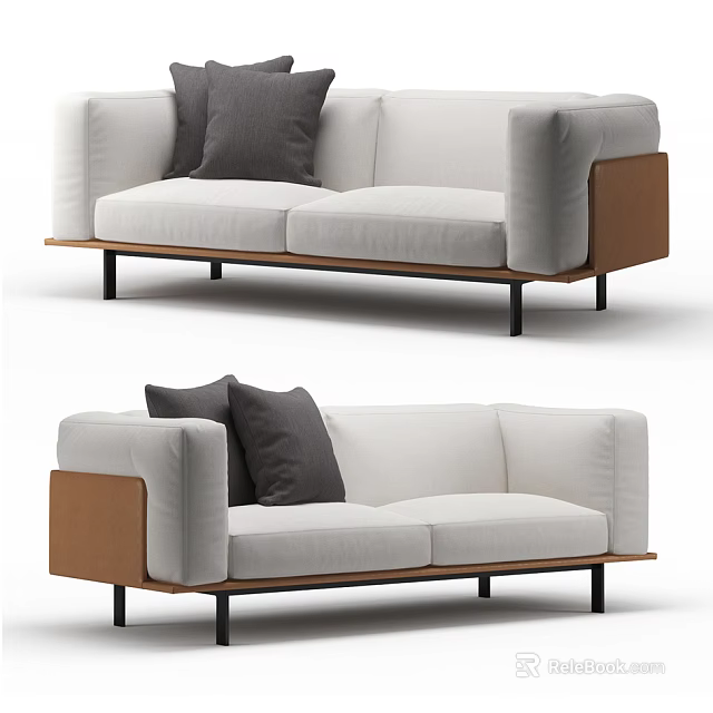 Modern Two-Seater Sofa With Light Fabric Gray Cushions Wooden Armrests And Black Metal Legs 3d model 