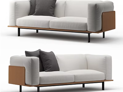 Modern Two-Seater Sofa With Light Fabric Gray Cushions Wooden Armrests And Black Metal Legs 3d model