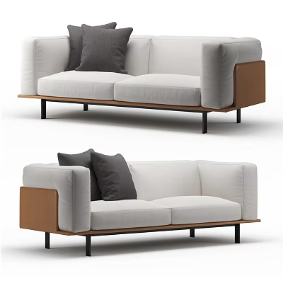 Modern Two-Seater Sofa With Light Fabric Gray Cushions Wooden Armrests And Black Metal Legs 3d model