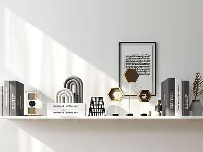 Modern Decorative Ornament Set With Geometric Shapes Books And Framed Art On Shelf 3d model