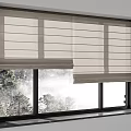 Neutral Linen Fabric Roman Blinds Partially Raised On Window With Natural Light Outdoor Tree View