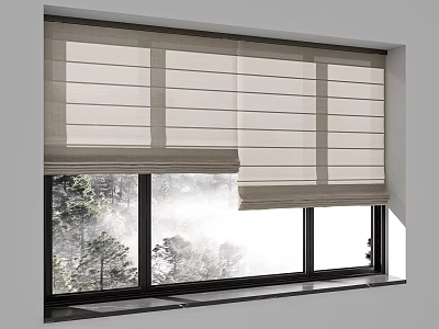 Neutral Linen Fabric Roman Blinds Partially Raised On Window With Natural Light Outdoor Tree View 3d model