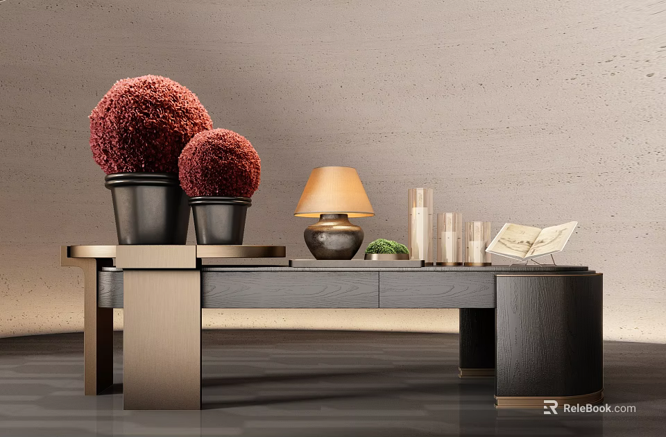 Elegant Modern Reception Desk With Black Wood And Gold Frame Featuring Potted Plants And Lamp 3d model 