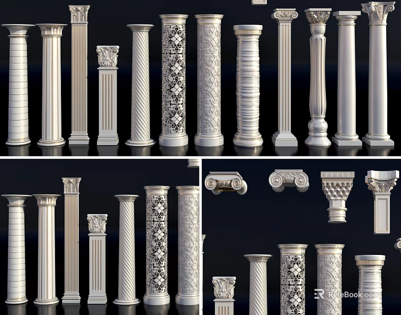 Roman Columns With Various Ornate Capitals And Fluted Shaft Design Elements 3d model