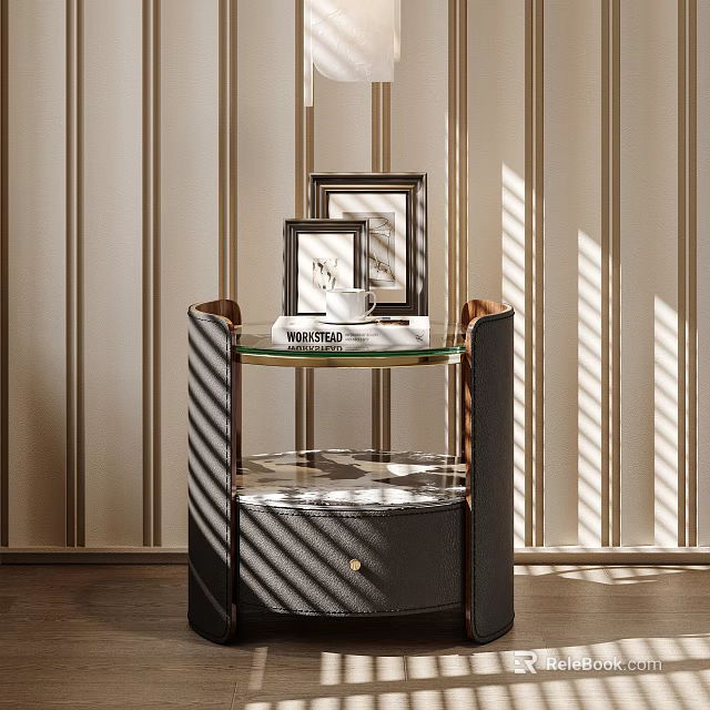 Elegant Modern Bedside Table With Glass Top Drawer And Framed Photos Against Striped Wallpaper 3d model 