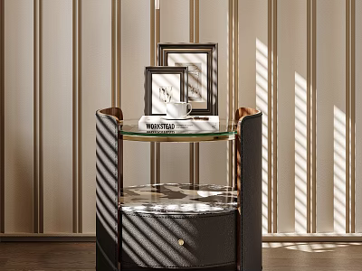 Elegant Modern Bedside Table With Glass Top Drawer And Framed Photos Against Striped Wallpaper 3d model