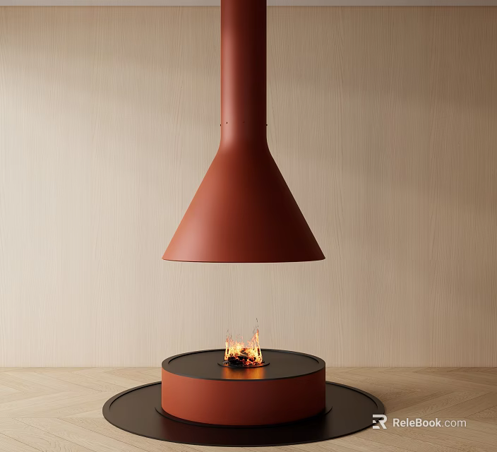Modern Reddish Brown Fireplace With Hanging Conical Chimney Circular Base Burning Flame And Wooden Wall 3d model 