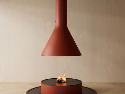 Modern Reddish Brown Fireplace With Hanging Conical Chimney Circular Base Burning Flame And Wooden Wall 3d model