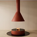 Modern Reddish Brown Fireplace With Hanging Conical Chimney Circular Base Burning Flame And Wooden Wall